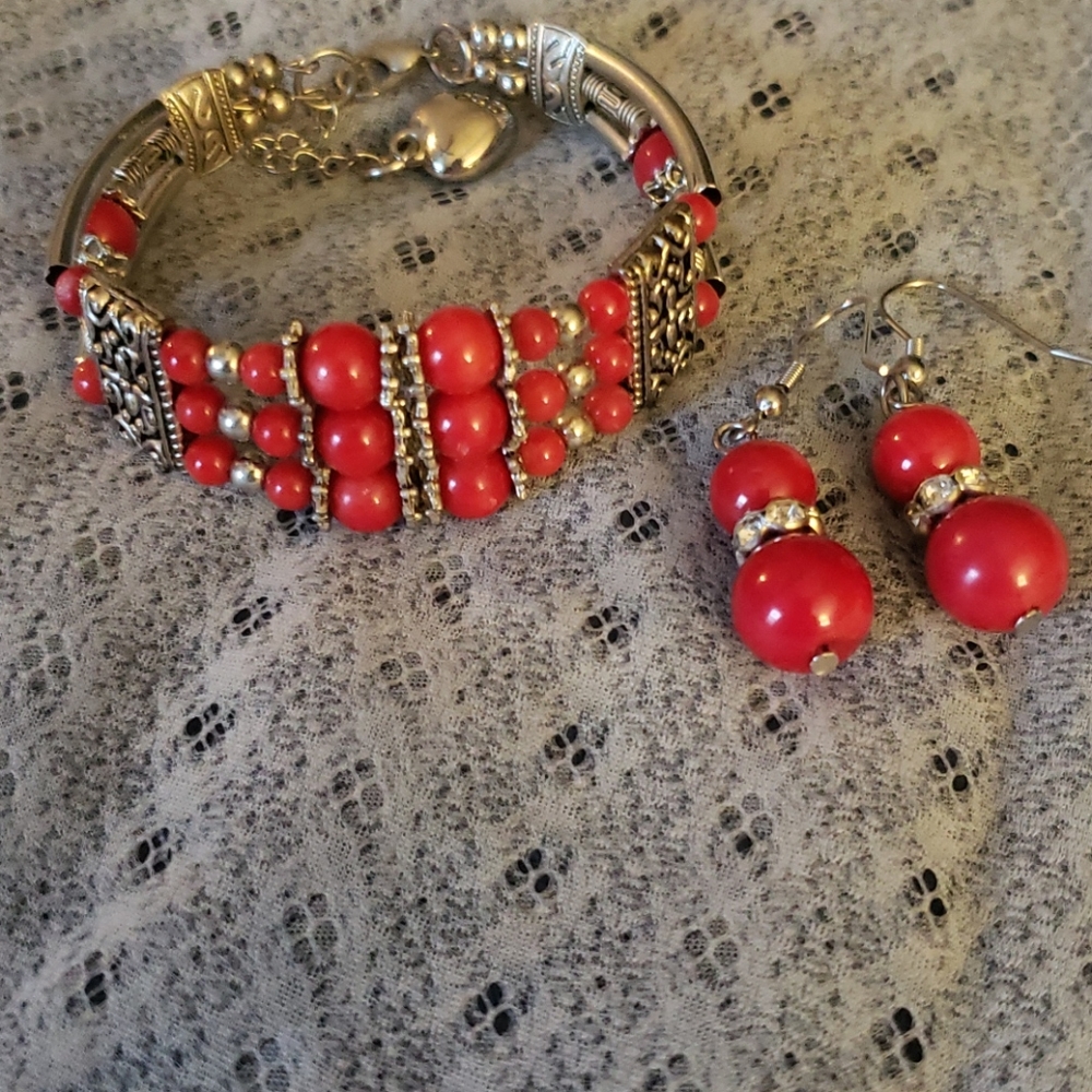 Red & Silver bracelet and earrings